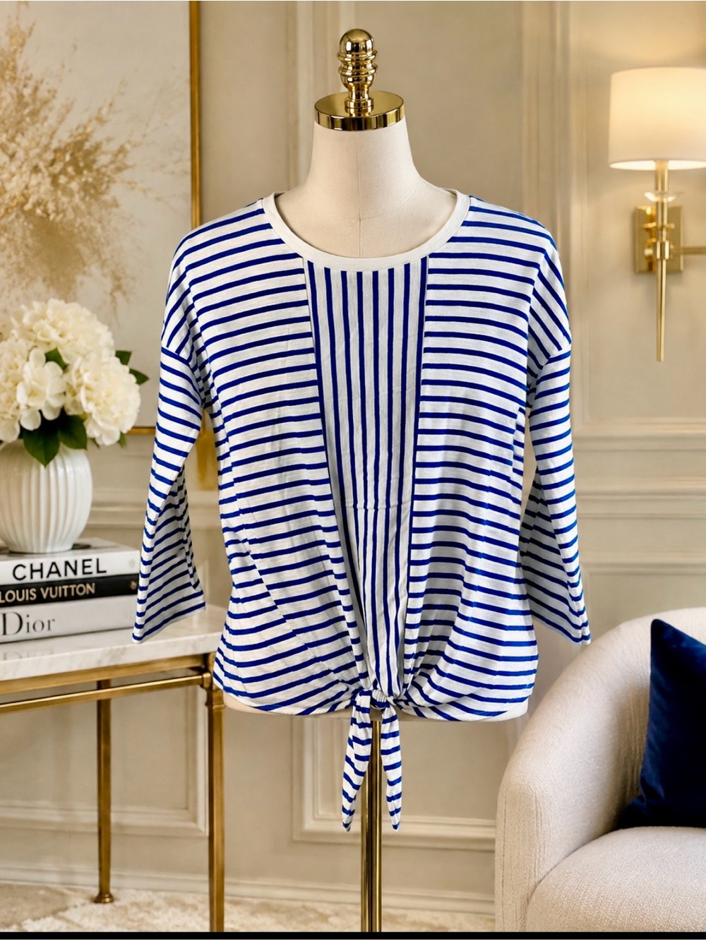 Banana Republic White and Blue Striped Tie-Front Three quarters Sleeve Top